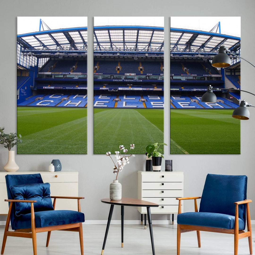 The wall art features a Chelsea FC Stamford Bridge Stadium canvas print.