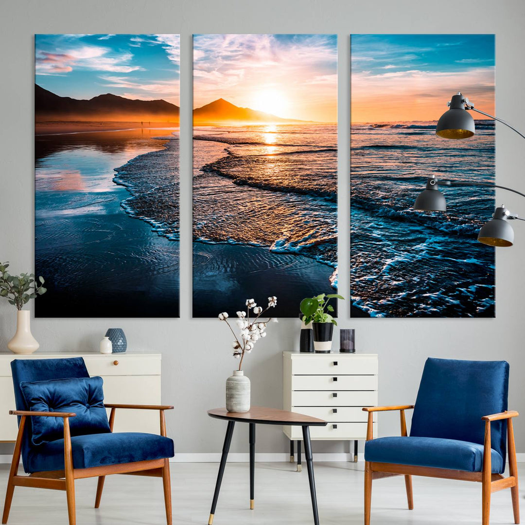 The Sunset Beach Ocean Canvas Wall Art – Tranquil Reflections at Dusk enhances the ambiance with its captivating depiction of serene ocean views at dusk.