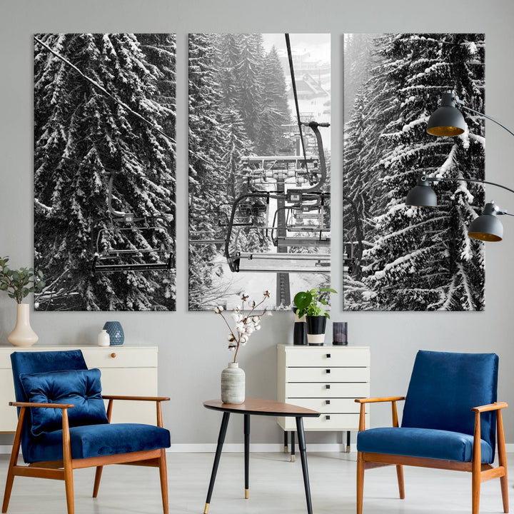 The Winter Ski Lift Canvas in minimalist style adds a unique touch to the dining room.