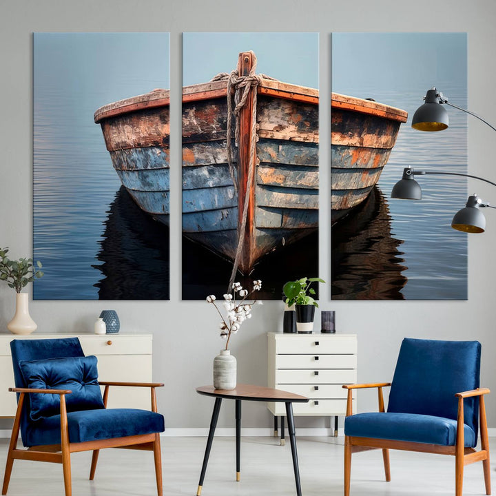 Stunning vintage boat canvas print featuring a calm water scene.