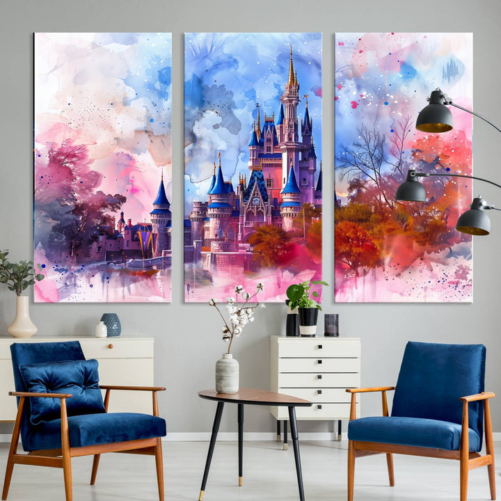 A Disney Wall Art: Dreamy Watercolor Cinderella Castle Canvas Print hangs prominently.