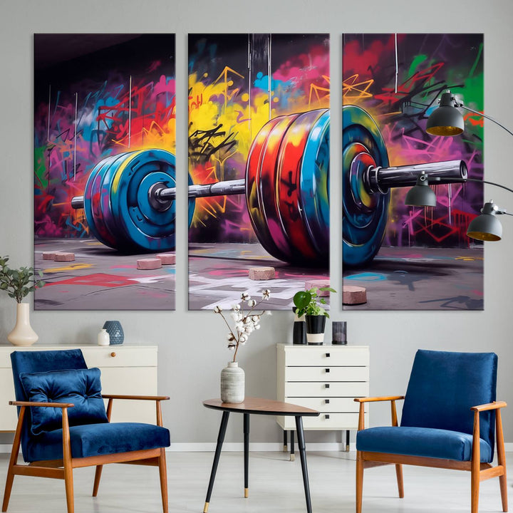 The Abstract Graffiti Barbell Canvas Wall Art is displayed on a porch.