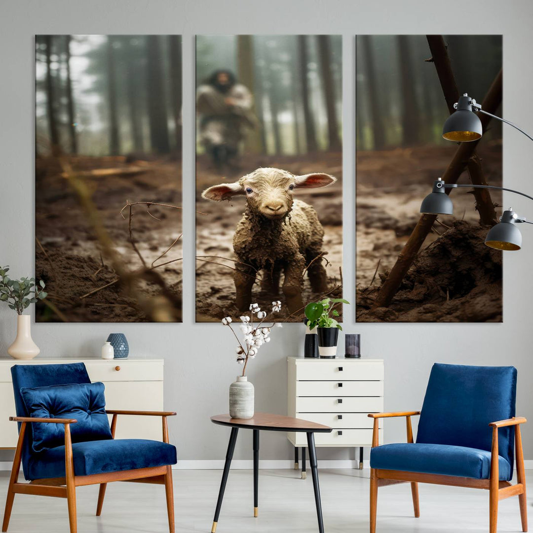 The Jesus Lost Lamb Canvas Wall Art features a heartwarming woodland scene, beautifully capturing the essence of serenity and grace.