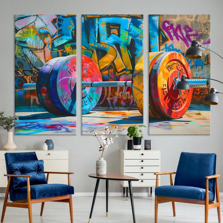 A Fitness Gym Barbell Graffiti Wall Art Canvas Print is displayed.