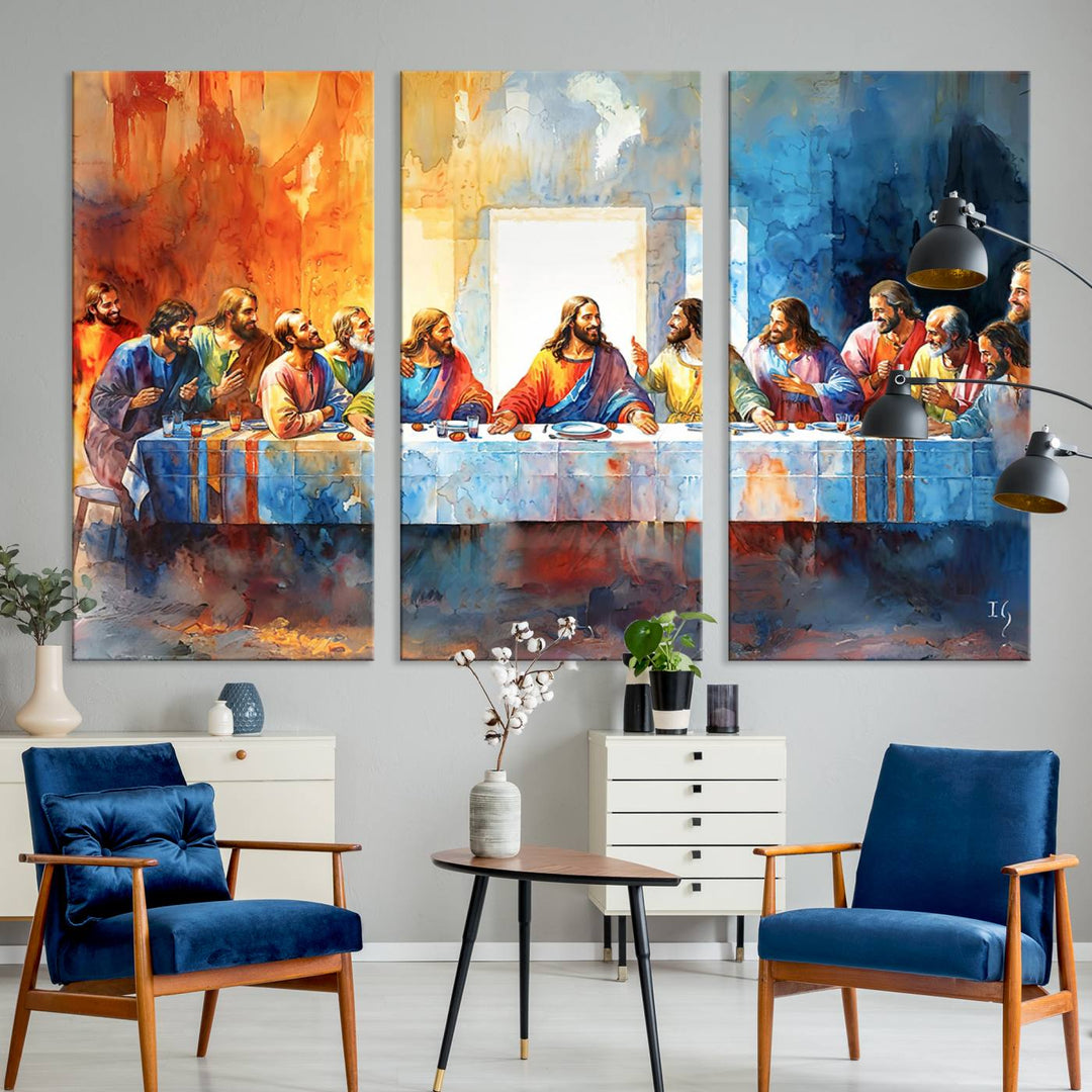 The Abstract Watercolor The Last Supper Wall Art with a gallery finish hangs prominently.