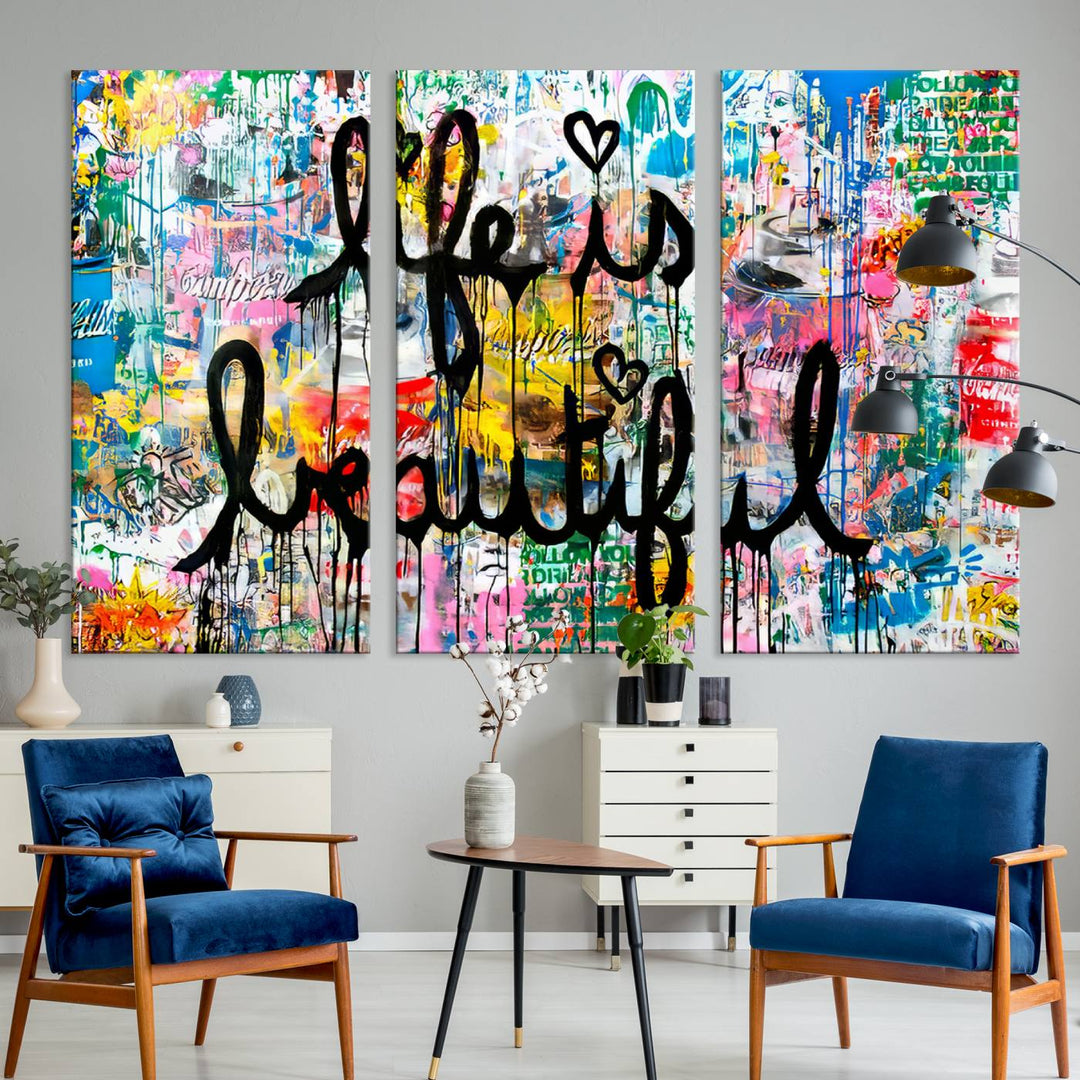 The Life Beautiful graffiti style canvas print is showcased in black script.