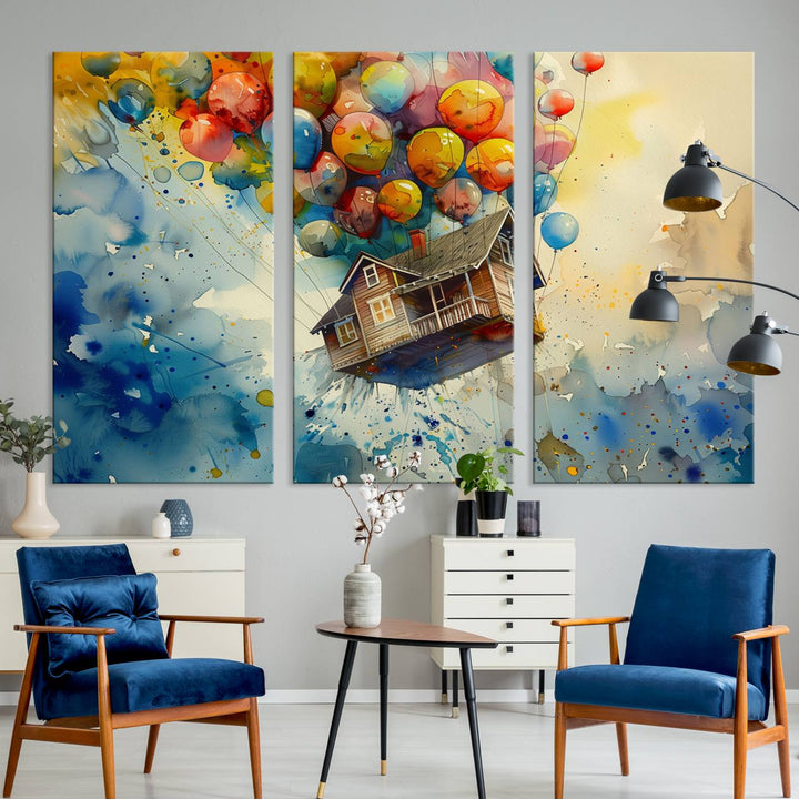 UP-Inspired Floating House with Balloons Triptych Canvas Art – Colorful 3-Panel Wall Decor for Living Room, Office, or Nursery