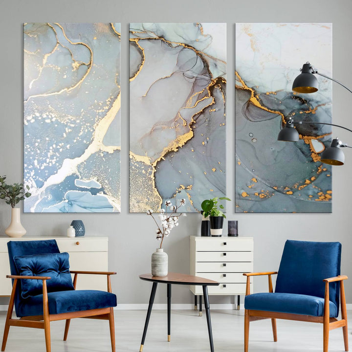 A blue and gold marbled Large Abstract Marble Wall Art Canvas Print hangs overhead.