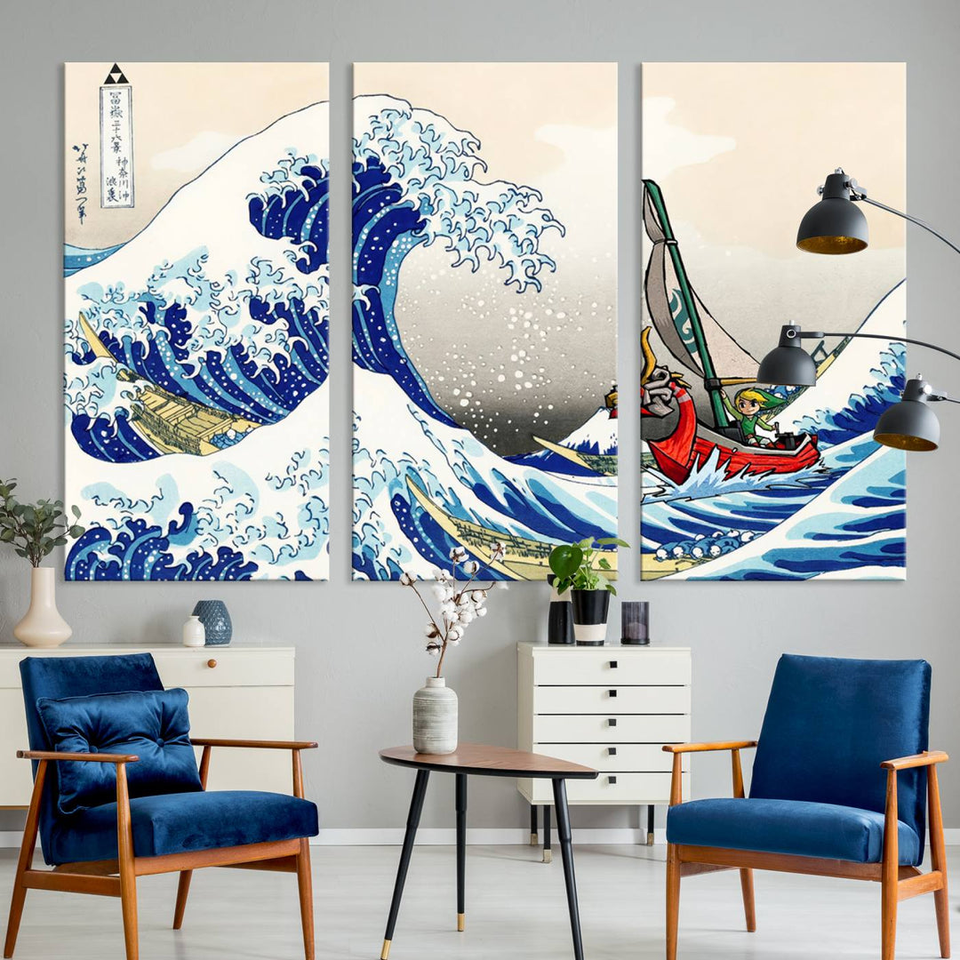 The Katsushika Hokusai Kanagawa Giant Wave Canvas print captures a vibrant sailing scene.