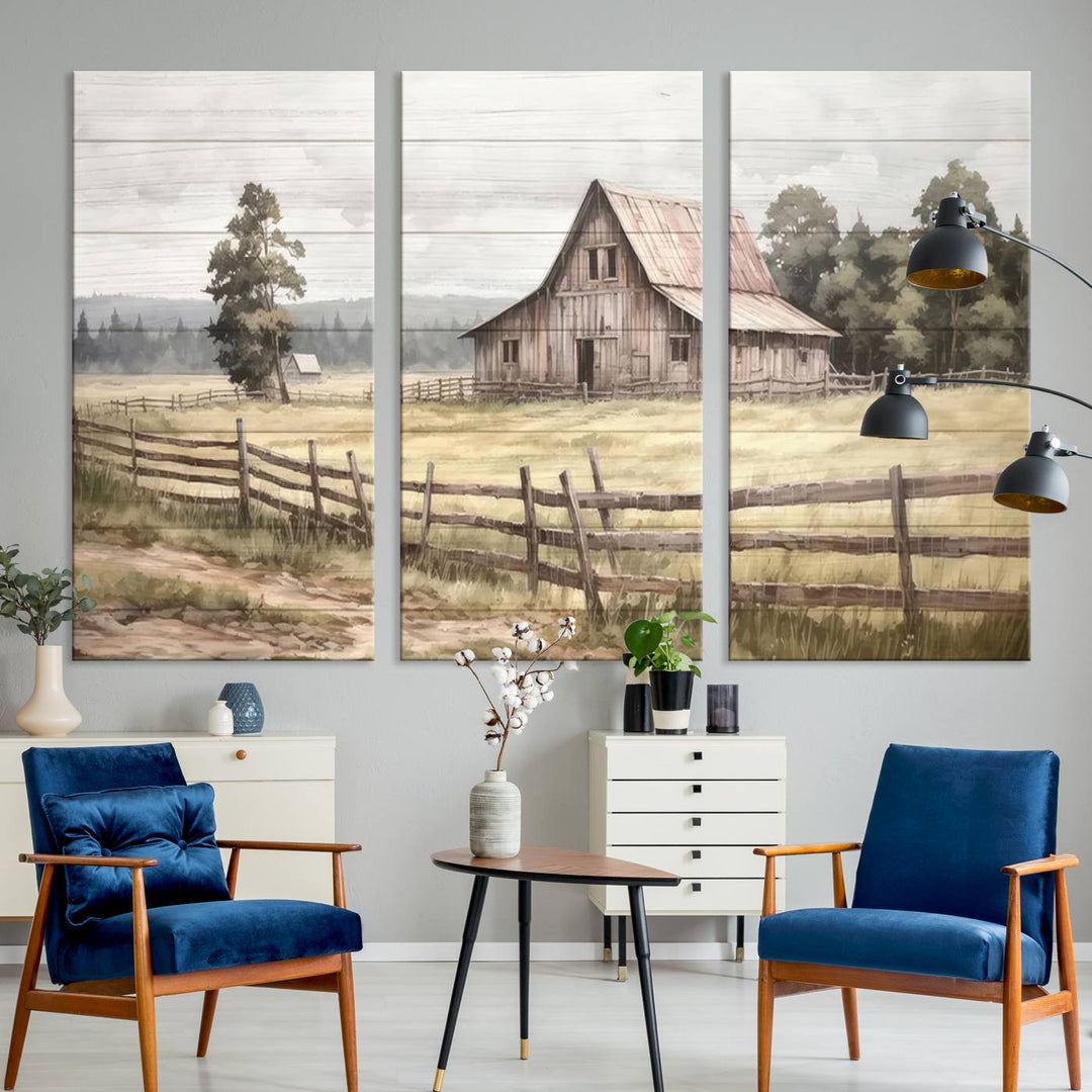 The wall is adorned with a Rustic Farmhouse Barn Wall Art.