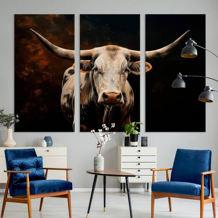 A large 3-panel Texas Longhorn canvas print dominates the space.