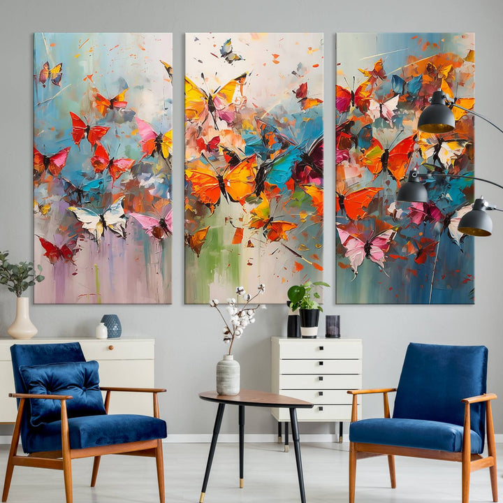 The Abstract Butterfly Wall Art Canvas Print hangs prominently, adding a touch of elegance and creativity to the room.