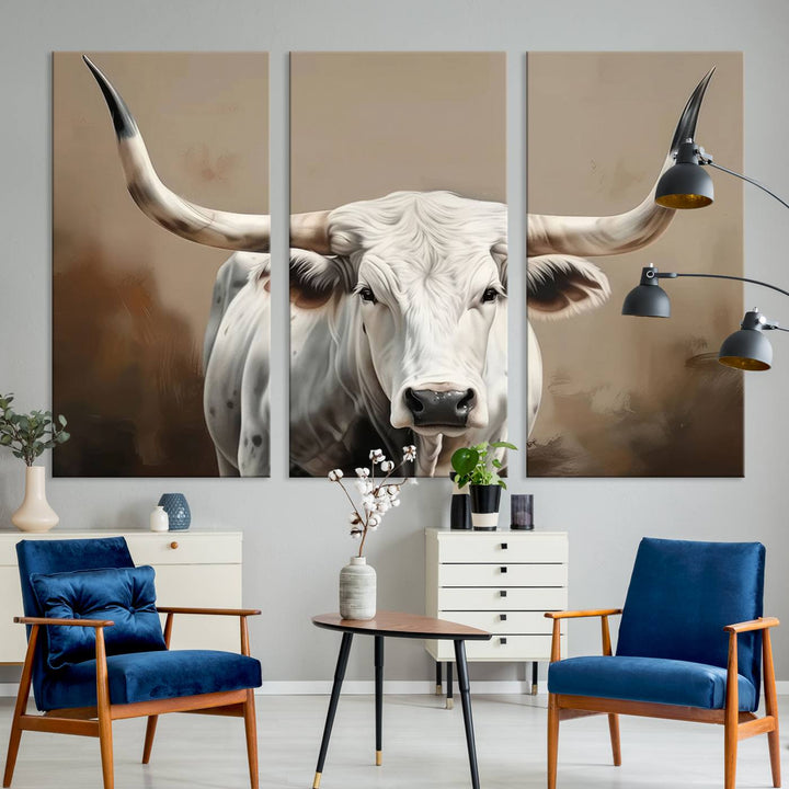 The kitchen features a striking canvas print of a Longhorn Bull.