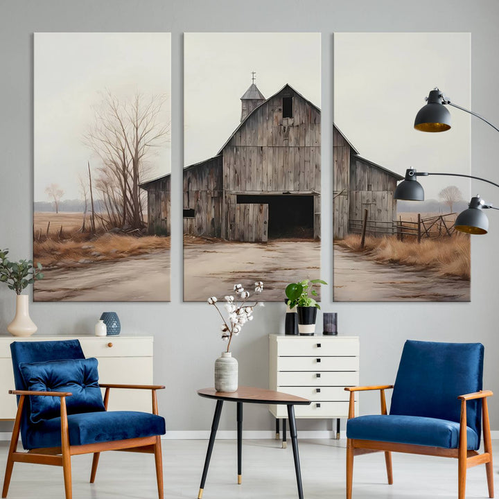 The Farmhouse Rustic Barn Wall Art Canvas Print, framed and ready to hang, enhances the farmhouse décor.