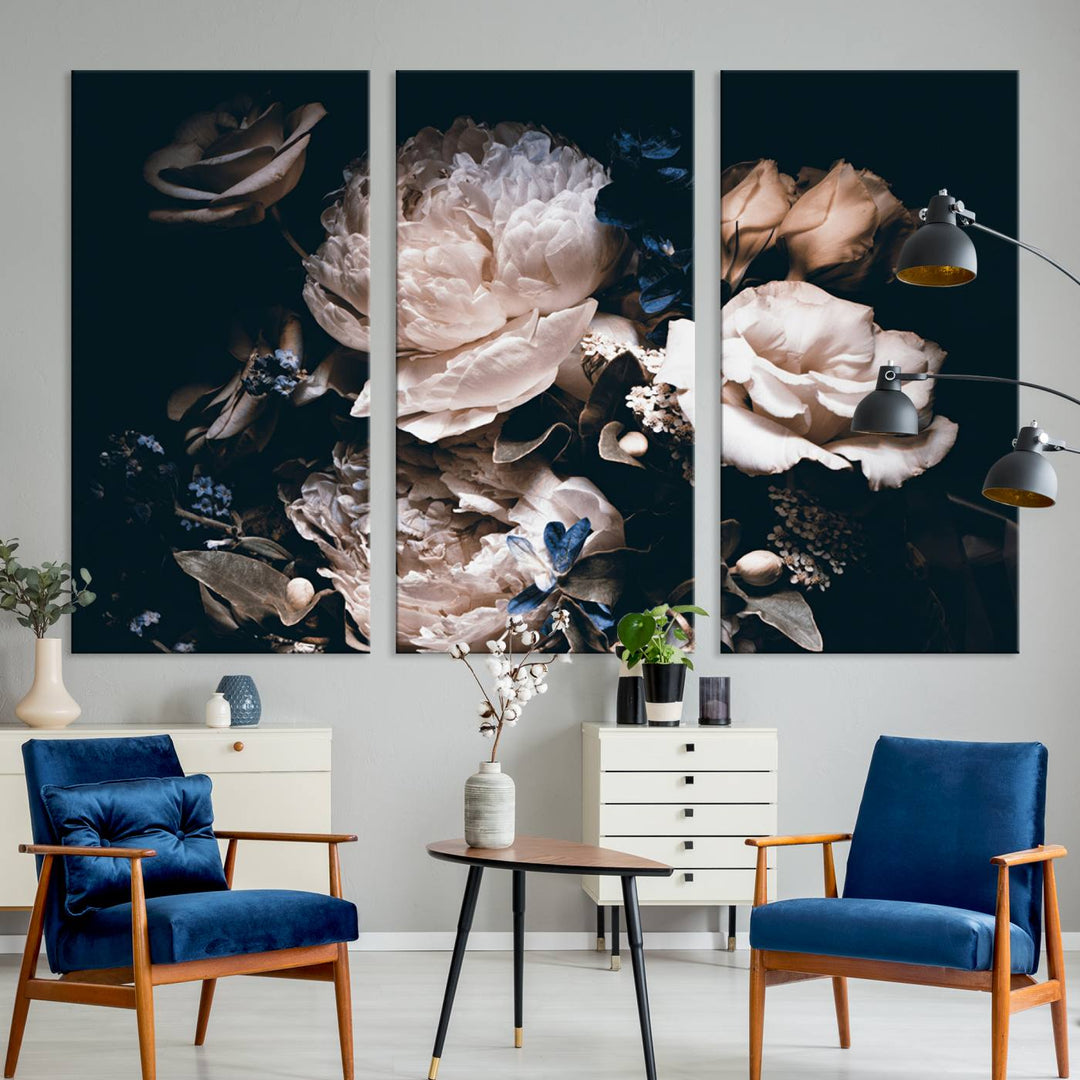 A large canvas art print of pink peonies flowers adds a vibrant touch to the space.