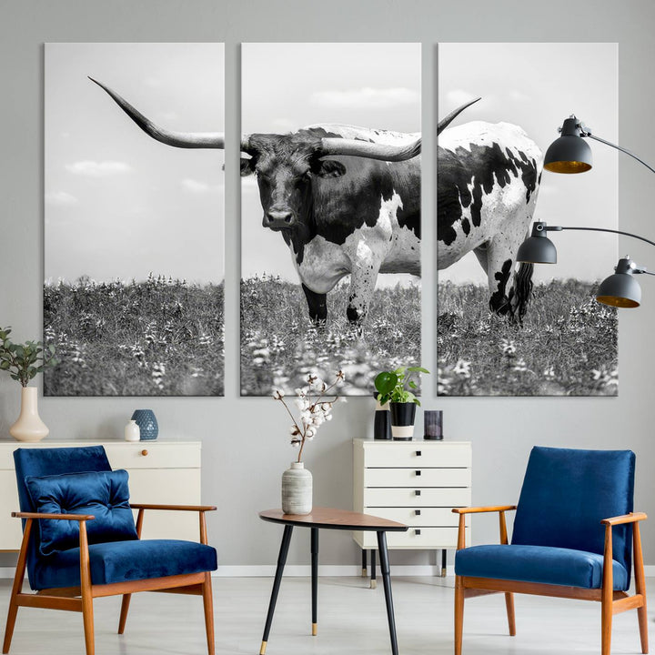 Texas Black White Highland Longhorn Cow Wall Art Canvas displayed on the wall.