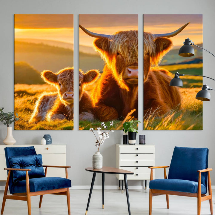 The Scottish Cow and Baby Cow Canvas Wall Art captures sunset fields.