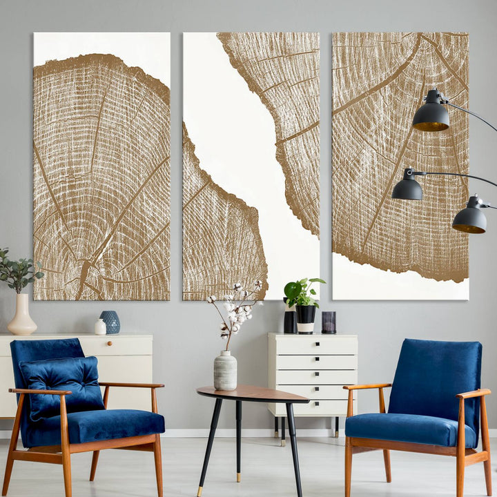 The rustic wall art features two large tree rings, beautifully framed and displayed to create a nature-inspired décor.