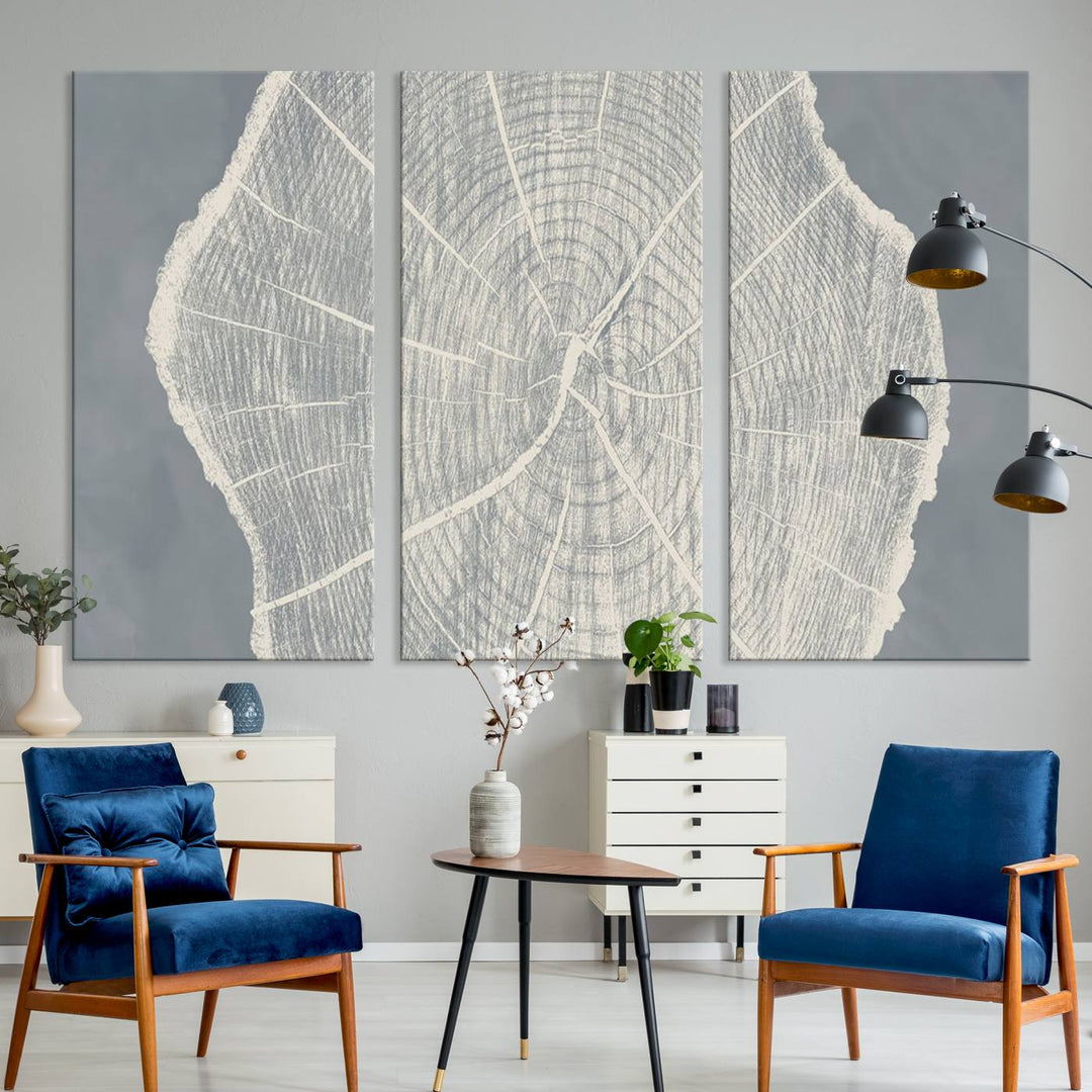 A gray wall displays the Abstract Tree Ring Wall Art print.