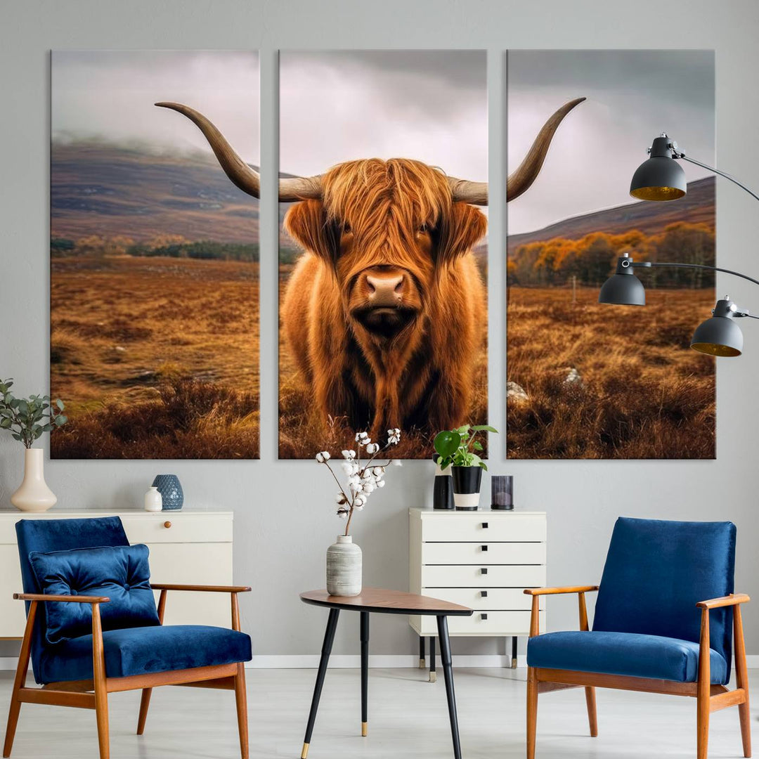 Highland Cow Longhorn Canvas Print, framed, on a wooden wall.