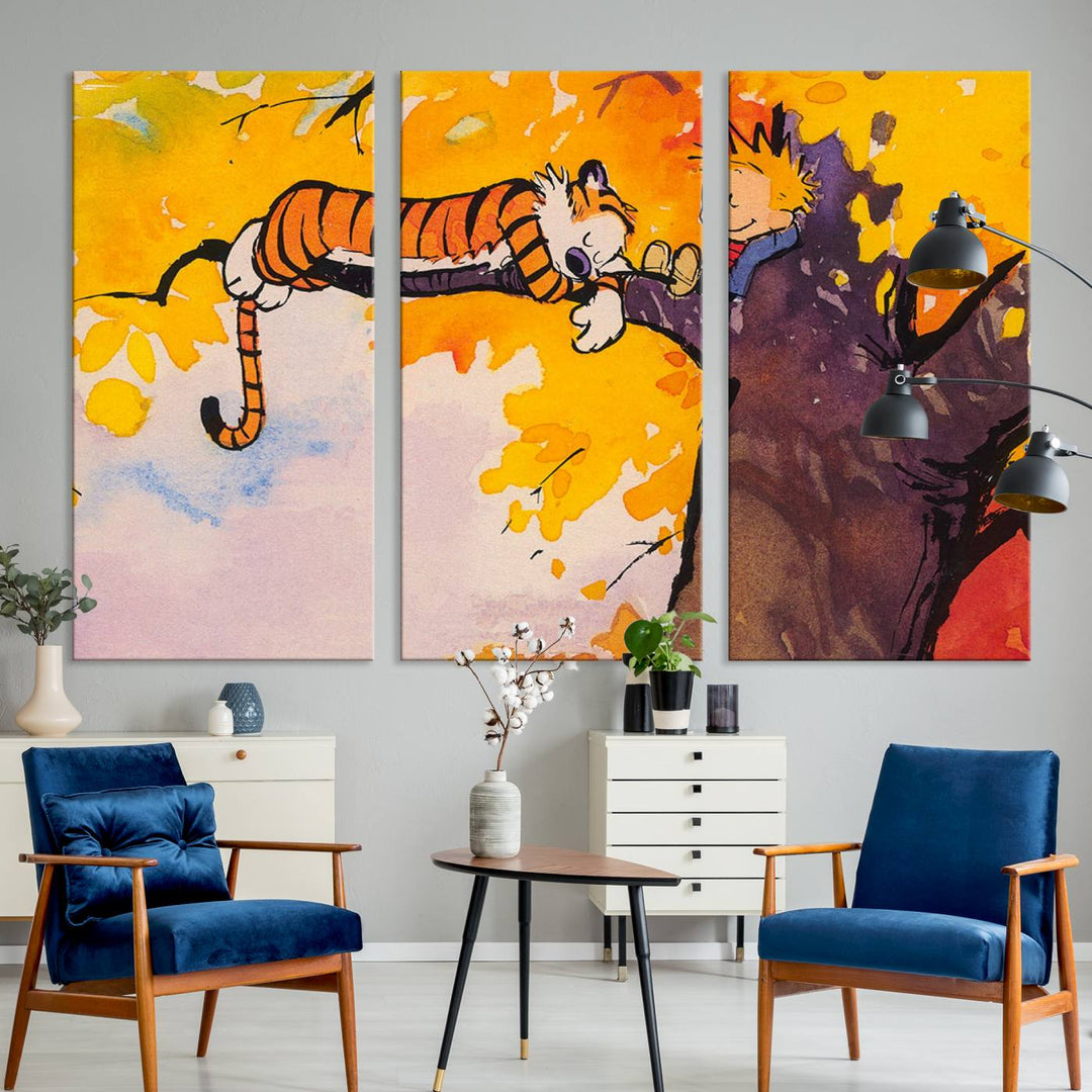 Premium canvas Calvin Wall Arts featuring a boy and tiger relaxing on a branch.