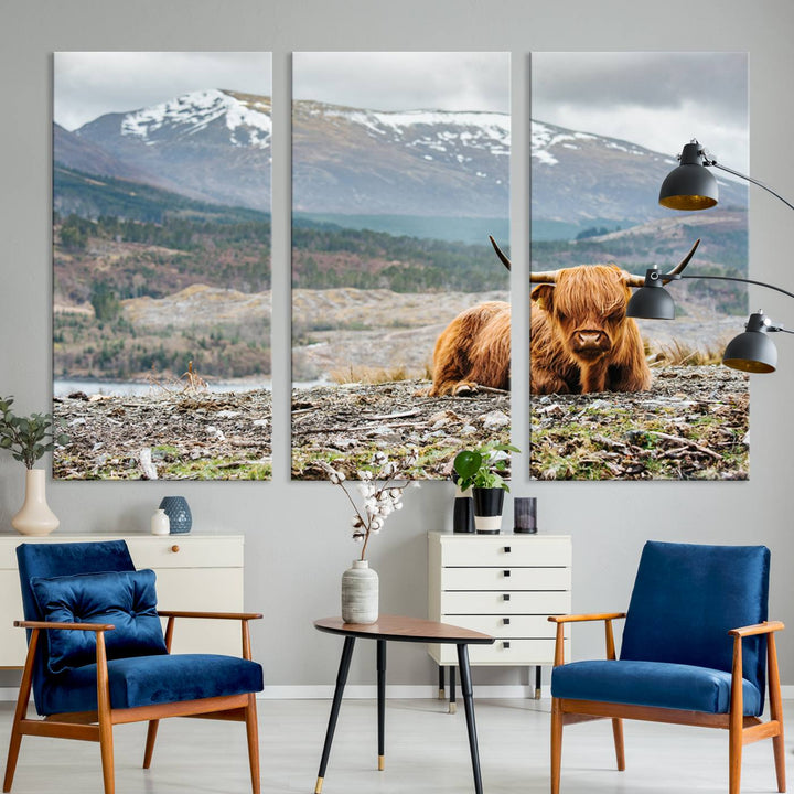 Highland Cow Horn Farm Wall Art Canvas Print is displayed against a wooden wall featuring a mountainous backdrop.