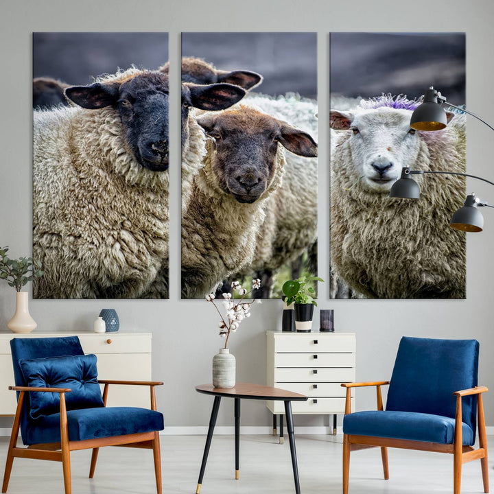 The Charming Sheep Portrait Wall Art hangs on a wooden wall.