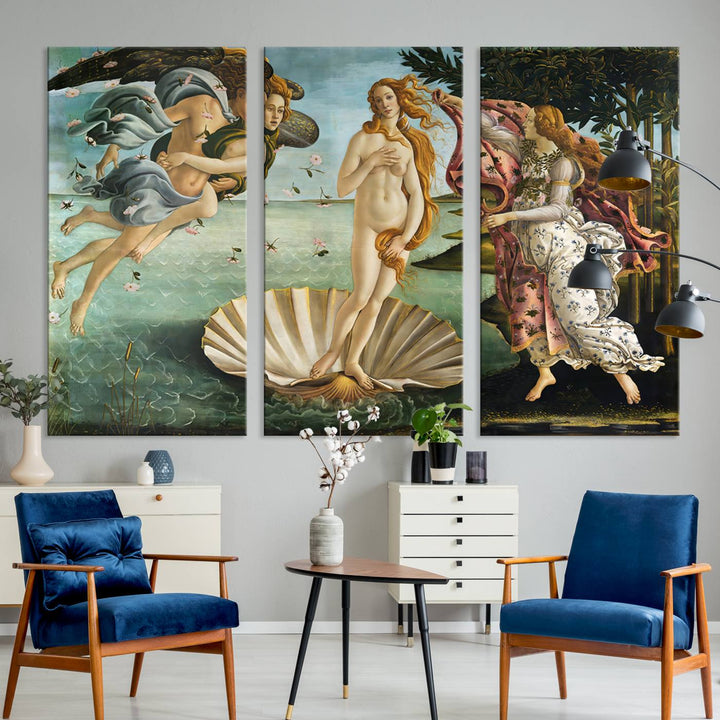 A canvas print of Botticellis The Birth of Venus is displayed on the wall.