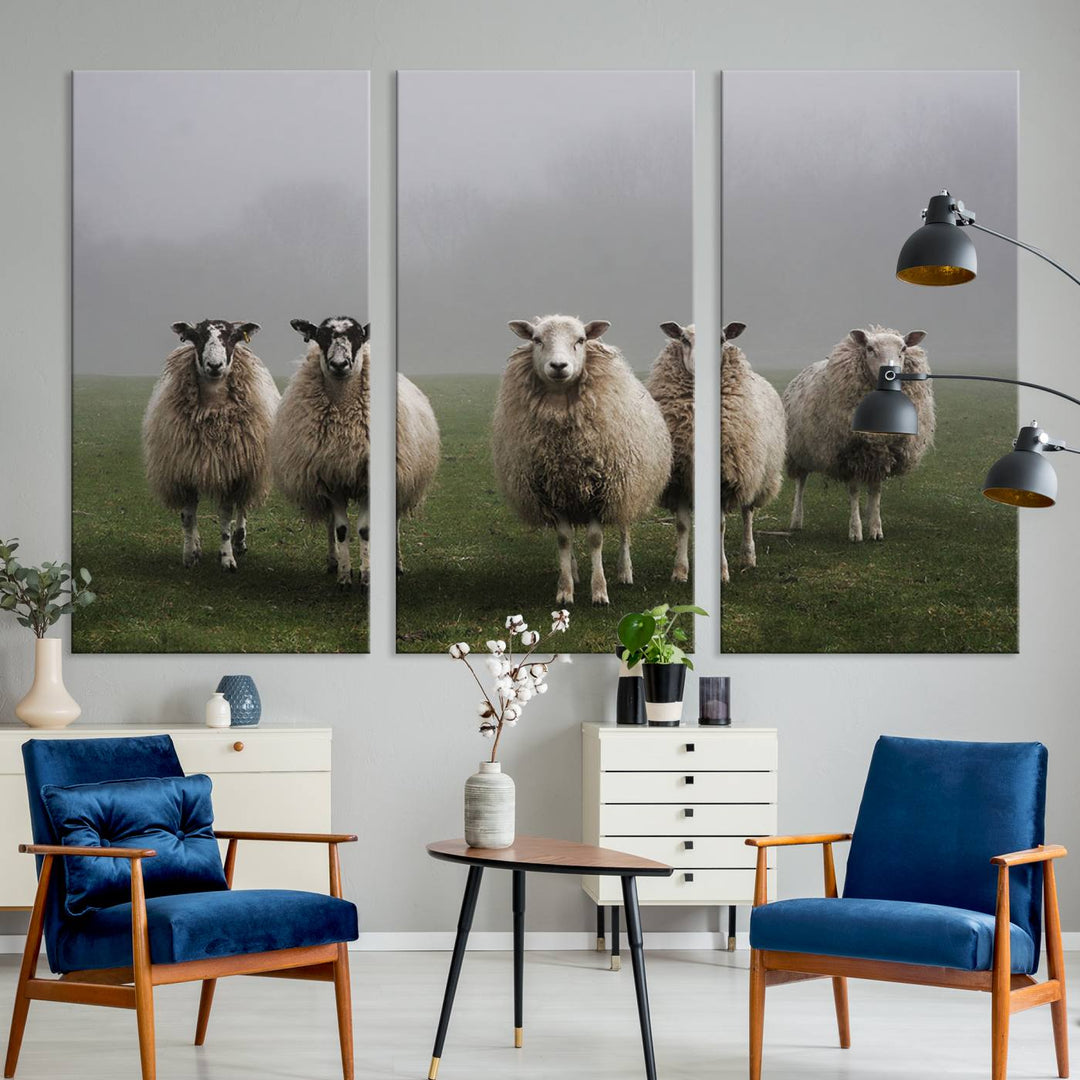 The Flock of Sheep in a Mystical Fog canvas print is framed and ready to hang.