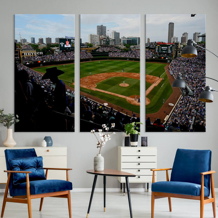 Admire this museum-quality canvas print of a Chicago Cubs game with a cityscape view from the stands at Wrigley Field.