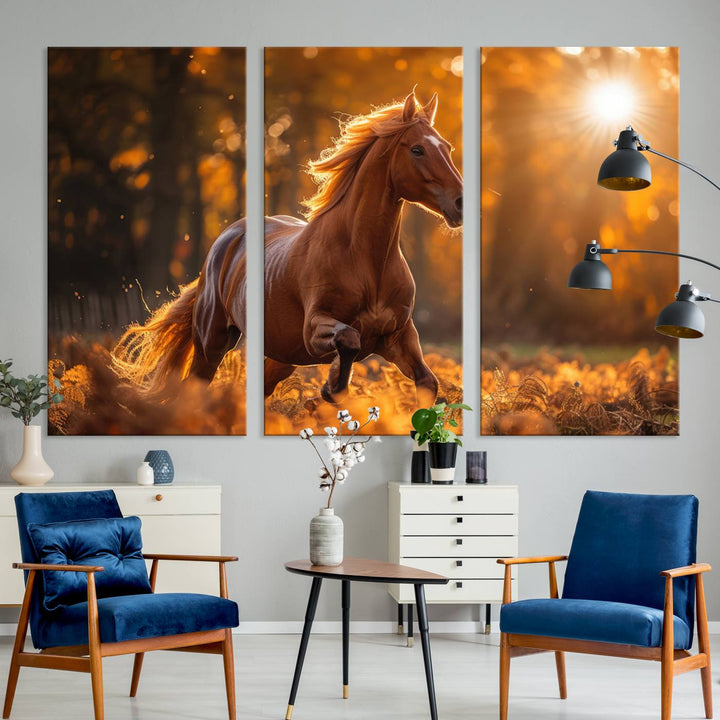 The Running Horse Sunset Forest Wall Art Canvas Print showcases a gallop in an autumn forest with sunlight streaming through the trees.