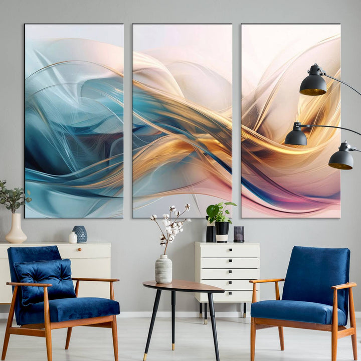 Abstract Flowing Colors Wall Art featuring blue, gold, and pink adds modern elegance to the space.