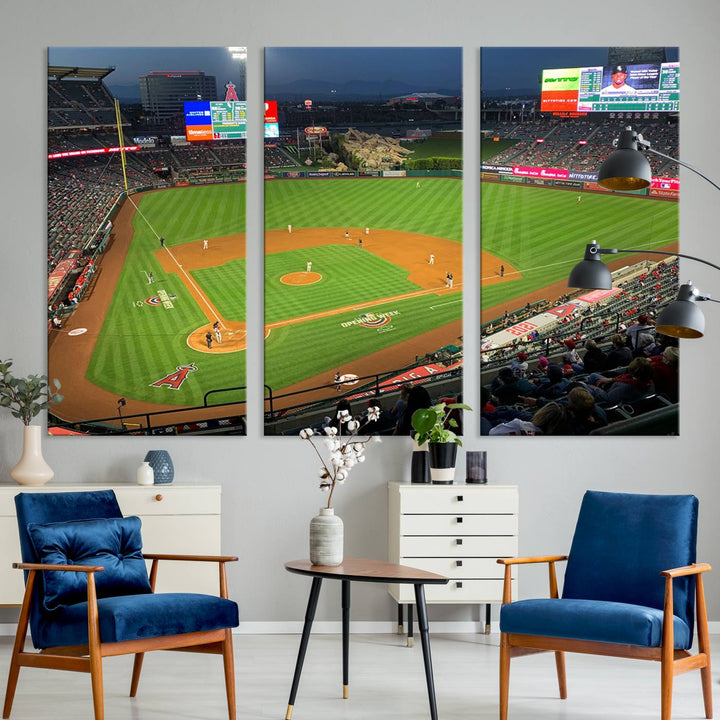 The Angel Stadium Aerial View canvas print of an Angels baseball game is showcased.