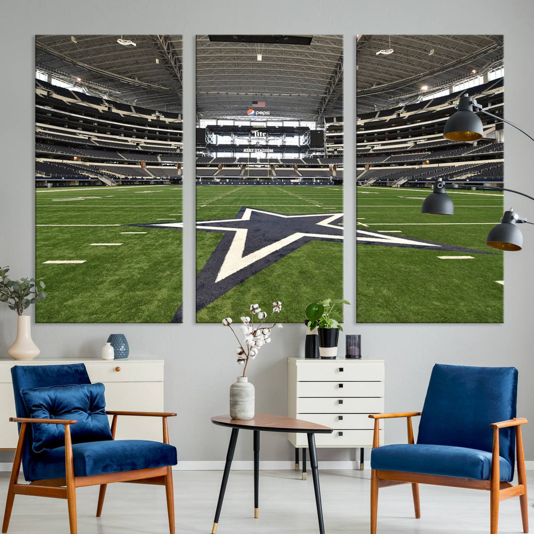 AT&T Stadium Dallas Cowboys Canvas Print displayed above a dining table.