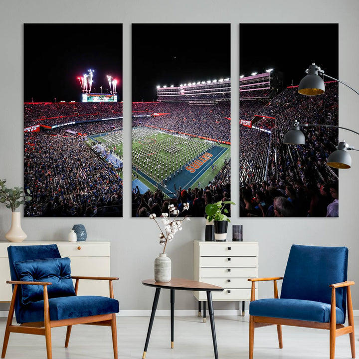 The Gators Night Game Canvas Art captures a lively night at Ben Hill Griffin Stadium with vibrant fireworks and the energy of a live band.