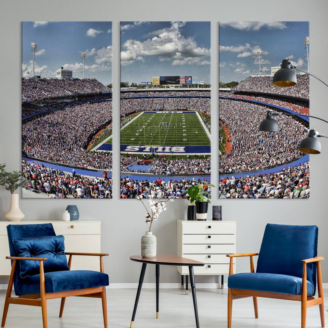 Our Buffalo Bills Game Day Canvas captures a vibrant scene at Highmark Stadium, with a lively crowd under a partly cloudy sky.