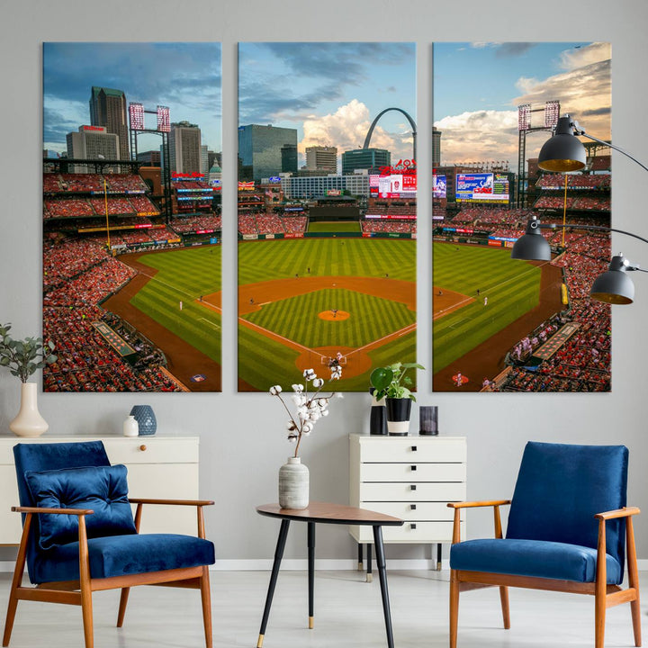 A Busch Stadium canvas print featuring a cityscape, ideal for enhancing living room or man cave sports decor.