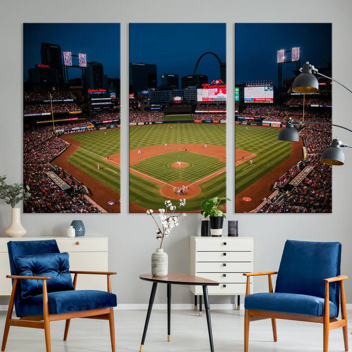 A St. Louis Cardinals Baseball Team print of Busch Stadium at night adorns the wall.