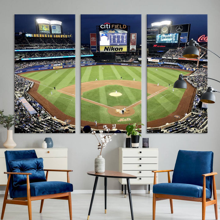 The wall is adorned with a 3-panel Citi Field Wall Art Print, framed for sports-themed decor.