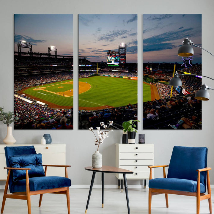 A wall art piece depicting the Philadelphia Phillies Citizens Bank Park Stadium at dusk.