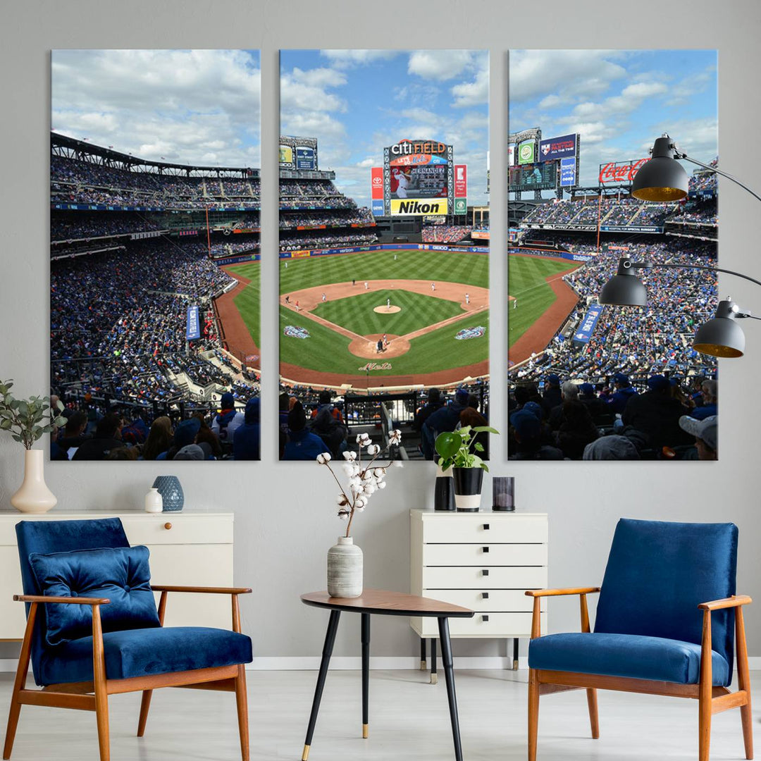 A wall art piece featuring a New York Mets Baseball Team print of Citi Field during a thrilling game under a blue sky.