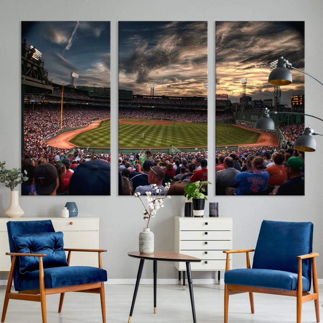 Boston Red Sox canvas print of Fenway Park at sunset, ideal for sports fans.