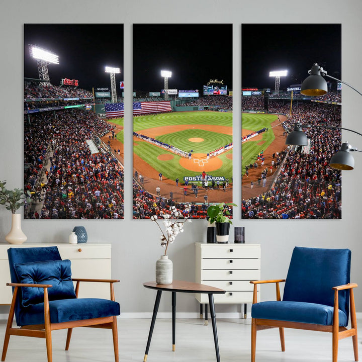 The Fenway Park Wall Art Canvas Print showcases a stunning aerial view of Bostons iconic ballpark at night, making it an ideal piece for any Red Sox enthusiast.