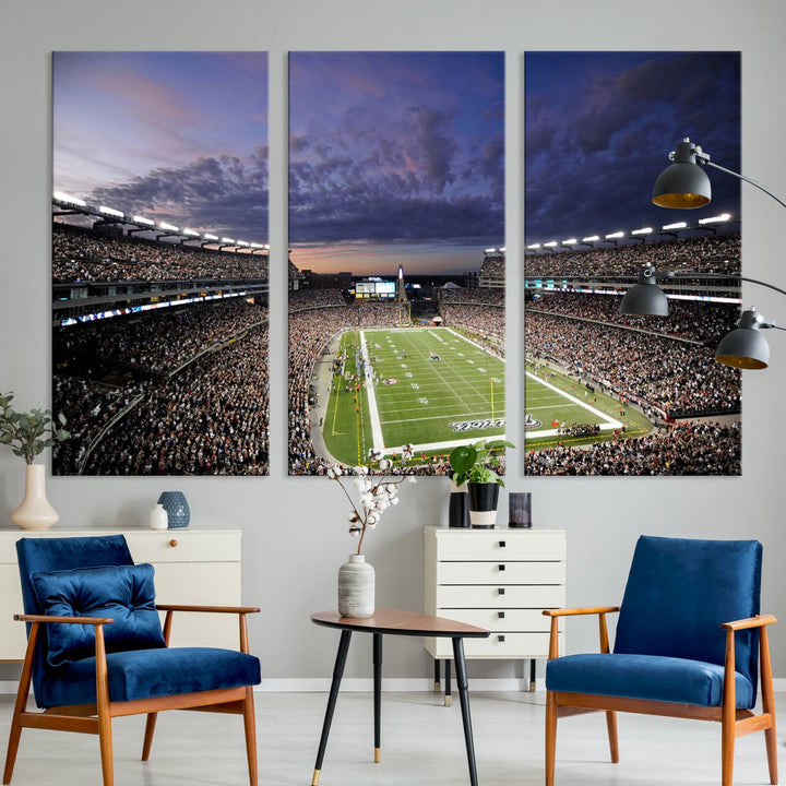 A large New England Patriots Foxborough Gillette Stadium wall art canvas print at sunset.