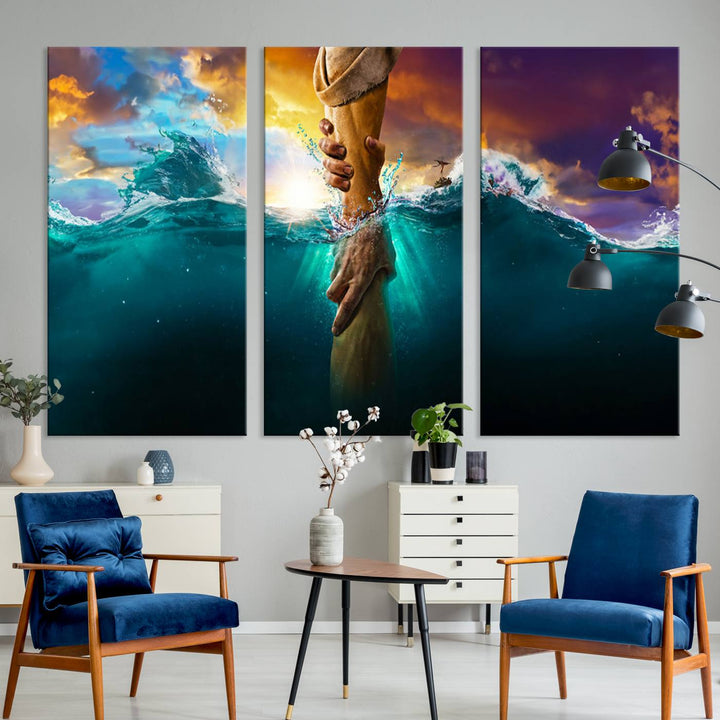 The God Hand Wall Art Canvas Print depicts hands reaching through water against a vibrant sky.