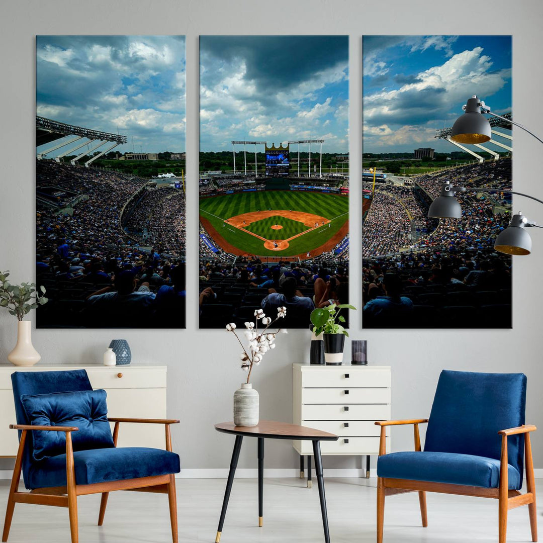 A 3-panel print of Kauffman Stadium, showcasing a crowded baseball field under cloudy skies.