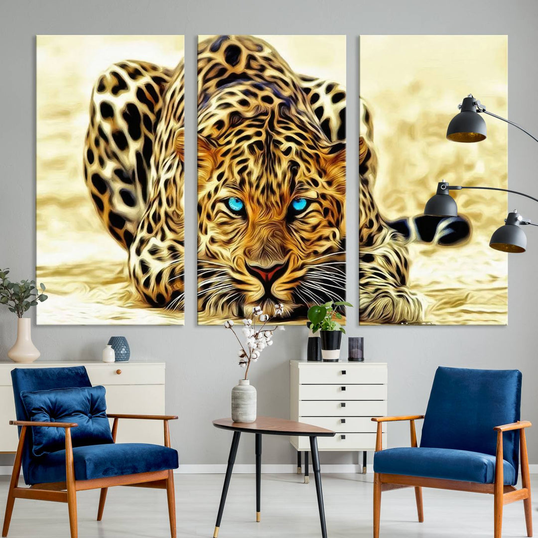 The Blue-Eyed Leopard Canvas Wall Art features a fierce and captivating design, perfect for wildlife enthusiasts. Its bold imagery makes it a striking decor piece, ready to hang.