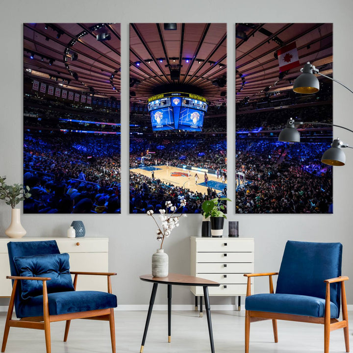 A print depicting an NBA game at Madison Square Garden, highlighting the scoreboard.