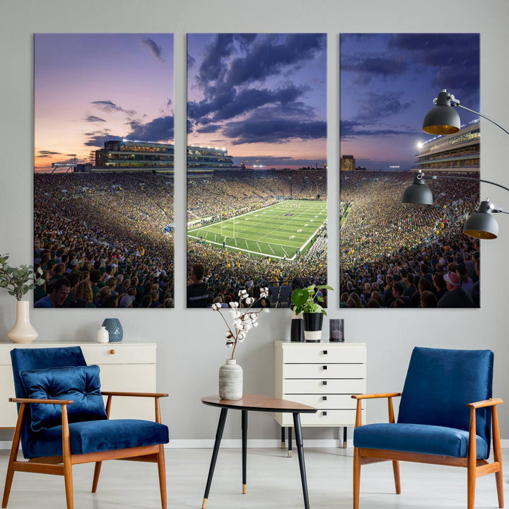 As the sun sets, a stunning backdrop highlights the Notre Dame Fighting Irish Football Team Print.