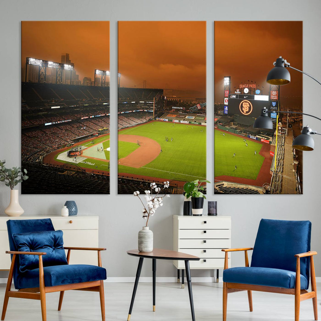 A canvas depicting an Oracle Park game with an orange sky, from SF Giants Stadium Wall Art.